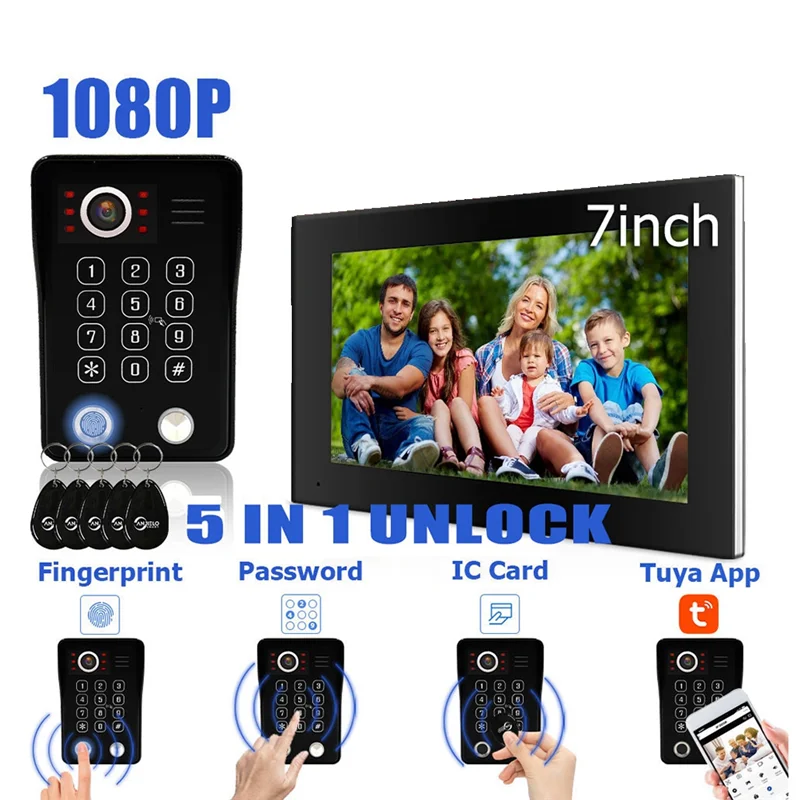 بصمة الإصبع 5In1 فتح واي فاي جرس الباب نظام الاتصال الداخلي عبر الفيديو 1080P شاشة تعمل باللمس حماية الأمن