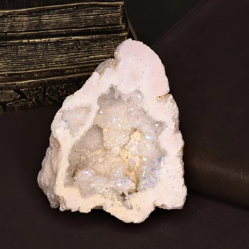 Pierre de géode à Quartz scintillante, ange Aura, revêtement en titane, amas de Quartz, spécimen irrégulier pour décoration de la maison, ornements de Table