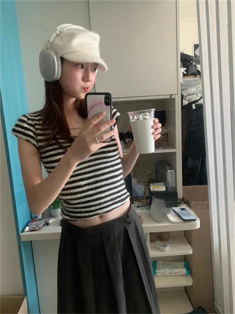 

Y2k Harajuku, винтажные футболки в контрастную цветную полоску, уличная одежда, пушистые эстетические укороченные футболки феи, женские топы в стиле гранж