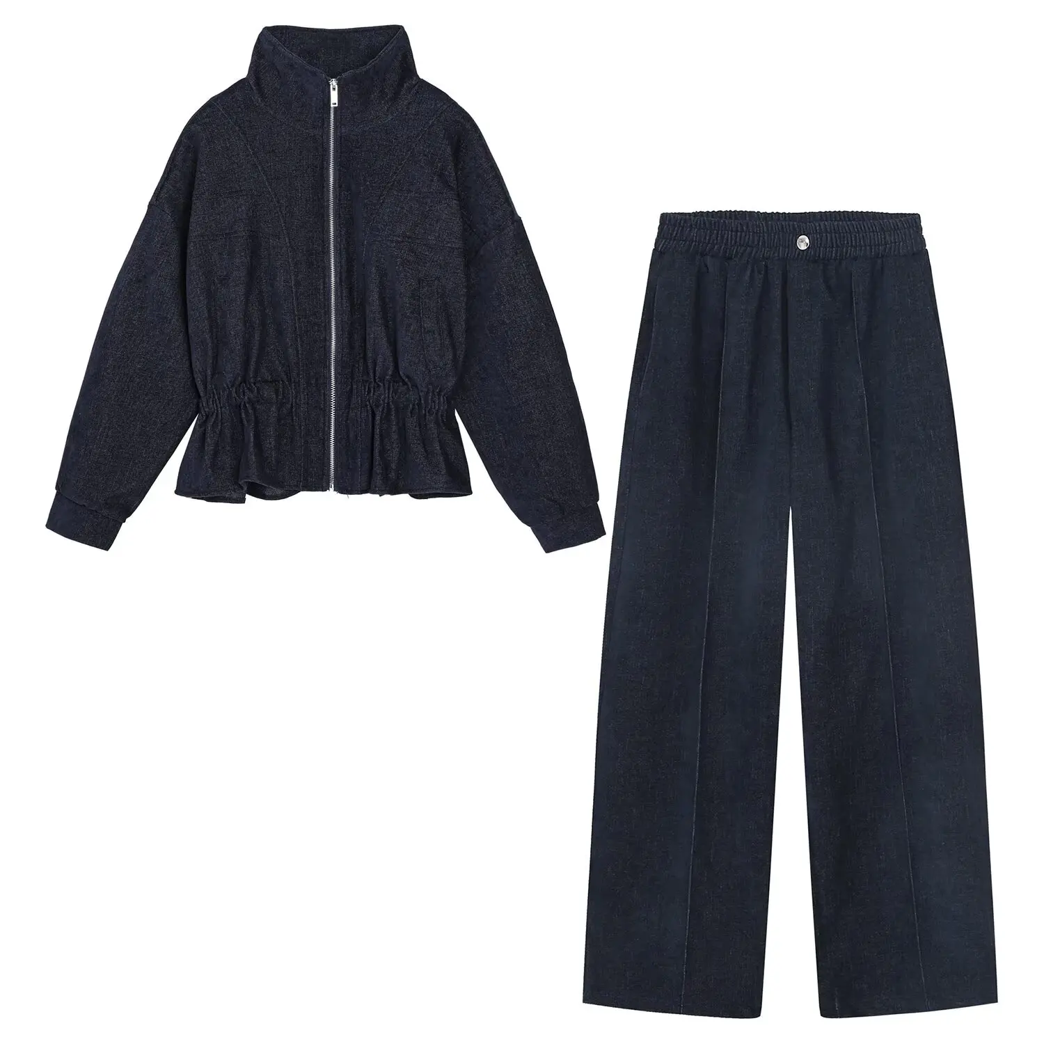 2026 Women Casual Two Piece Set Ruffle Trim Zip Up Track Jacket Straight Leg Pants Cozy Autumn Winter Street Style New
