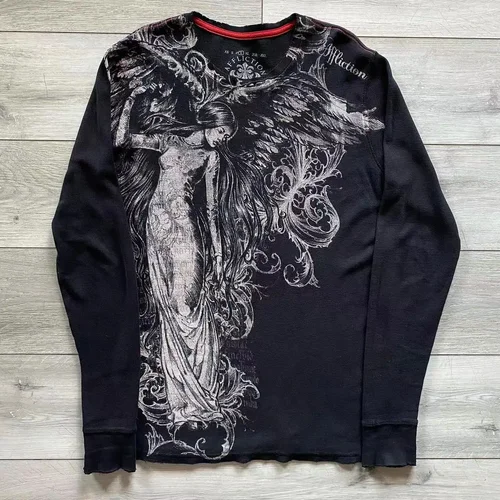 Imagen 1 del producto Camiseta de manga larga Y2K Affliction, camiseta de gran tamaño con cuello redondo a la moda, ropa gótica informal para hombre y mujer, Tops, ropa de calle