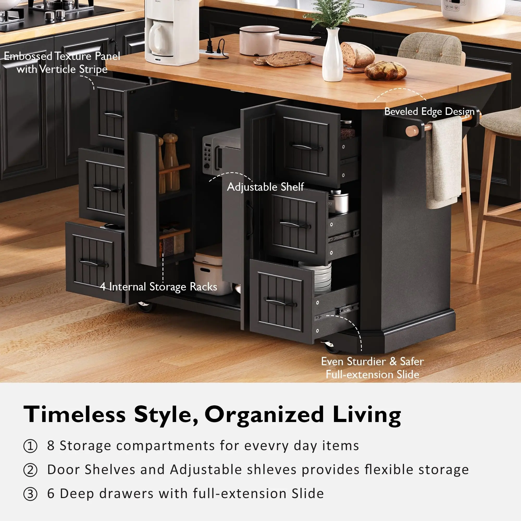 Rolling Kitchen Cart with Drop Leaf, Kitchen Island with Power Outlet, 4 Door Shelves and 6 Deep Drawers, for Kitchen