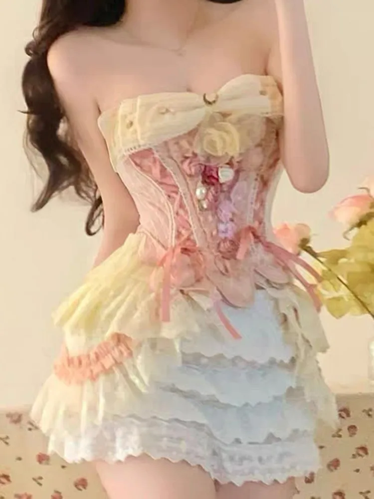 Korean Fashion Sexy Corset Bow Tie Top Suit Women Elegant White Lace Skirt Cake Shorts Female Two Piece Set Lolita Summer New