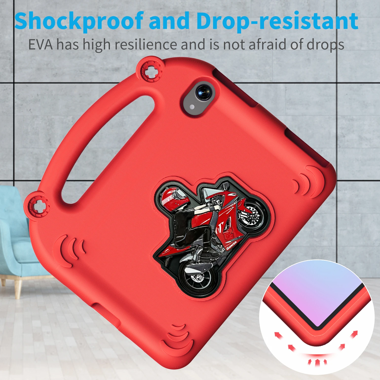 حافظة أطفال لجهاز iPad mini 7 6 8.3 بوصة A2995 mini 5 4 3 2 1 7.9 بوصة A2124 EVA غطاء لوحي مقاوم للصدمات مع حامل دراجة نارية أنيق