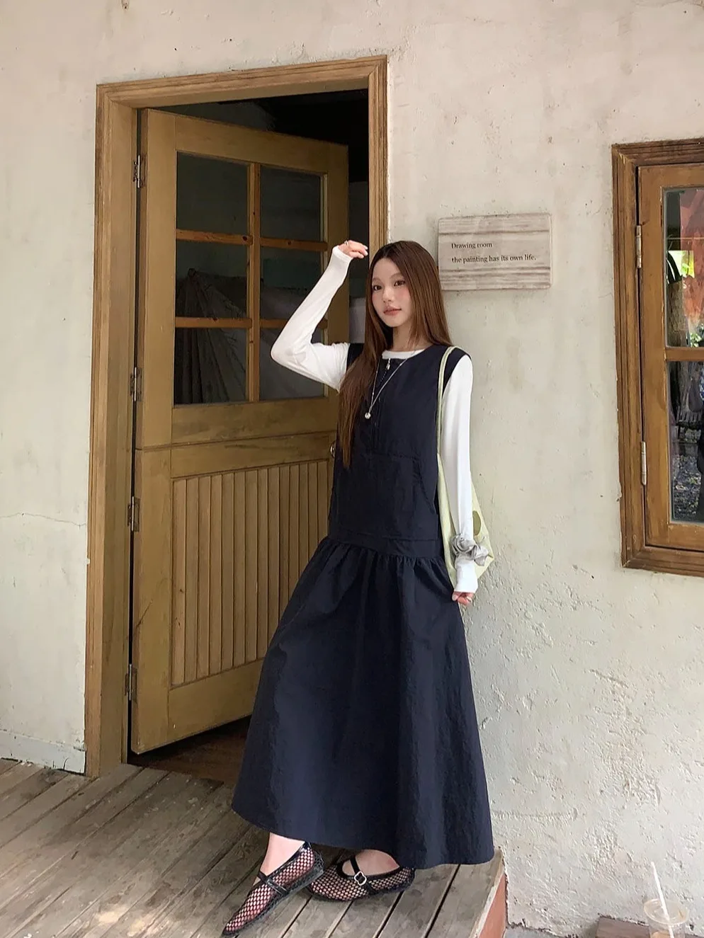 

Повседневный комплект из двух предметов: футболка с длинным рукавом и платье-жилет для женщин, синий цвет, омолаживающий эффект, базовый слой, летний наряд