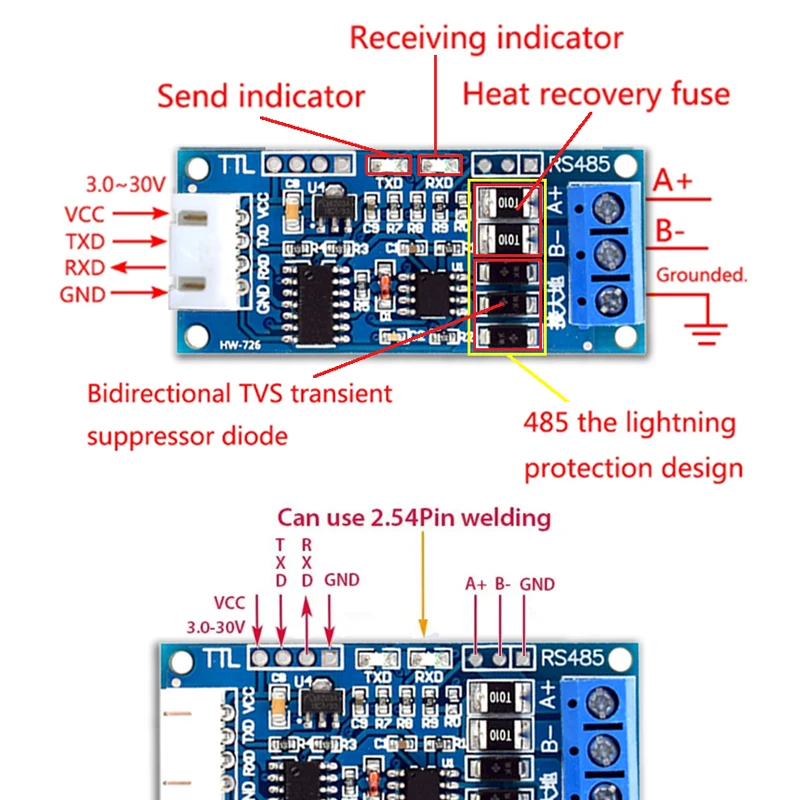 TTL to RS485 module RS485 interconvert TTL 3.3V 5V signals microcontroller serial interface Hardware automatic flow control