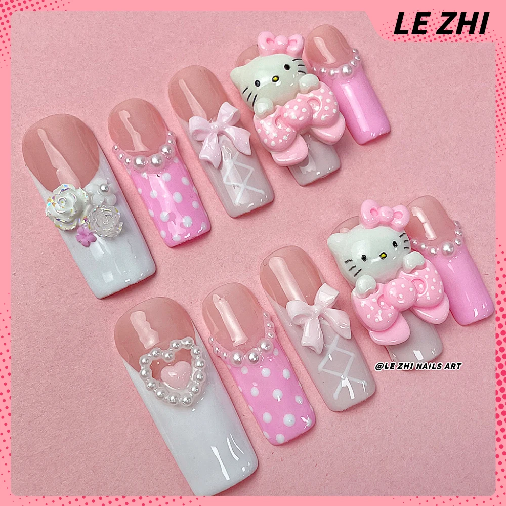 French Pearl Ballet Dancer Hello Kitty Artifical Full Cover Nails 3D Stereo Rose Bowknot Long Square Kawaii Pink Handmade Nails