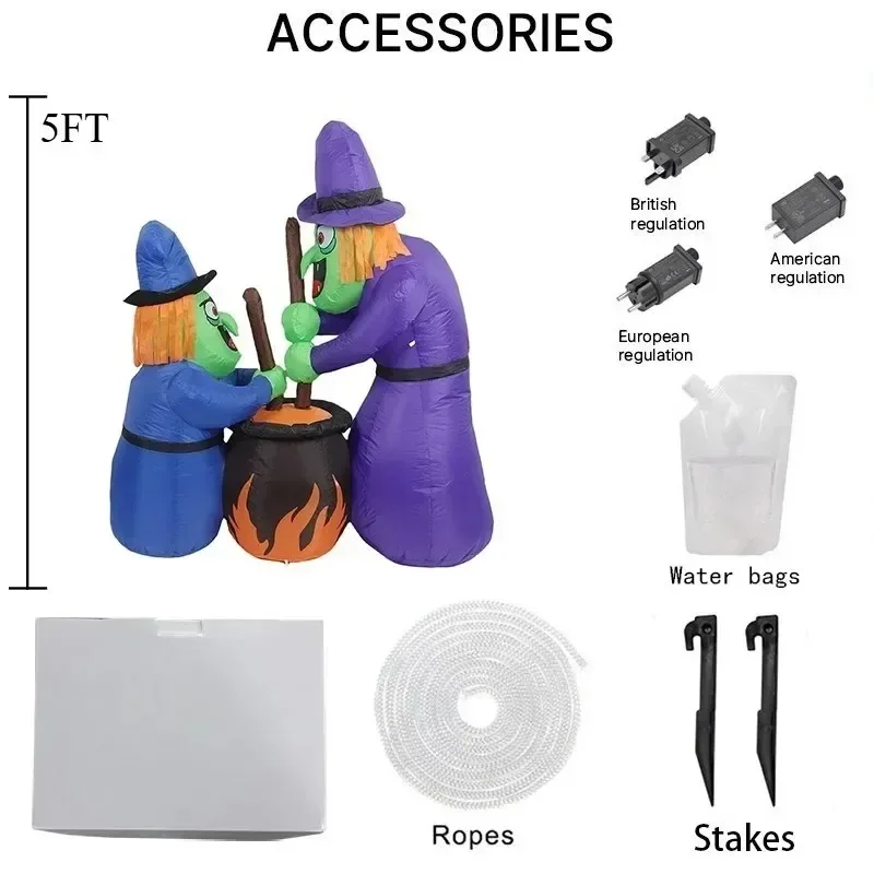 Giocattoli gonfiabili da 5 piedi Strega spettrale gonfiabile all'aperto e calderone gorgogliante Luce a LED Decorazione di Halloween per feste Prato Cortile Giardino