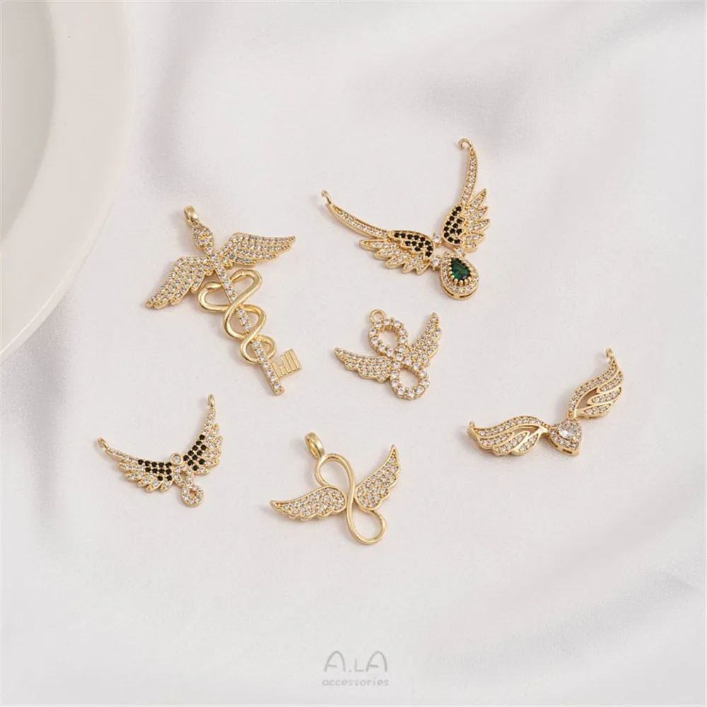 

14K Bag Gold Color Inlaid Zircon Wings 8-character Love Unlimited Pendant Double Hanging Necklace Pendant Handmade Material Bag