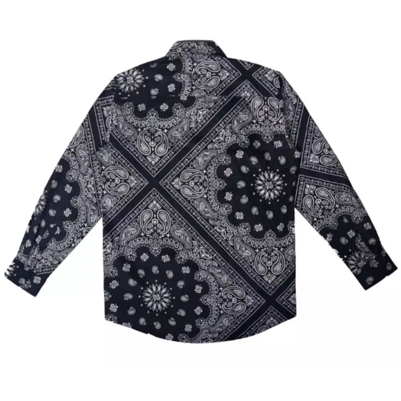 Streetwear Paisley Print Men Long Sleeve Shirt Turn Down Collar Casual Black Poppin Shirts 100% Cotton