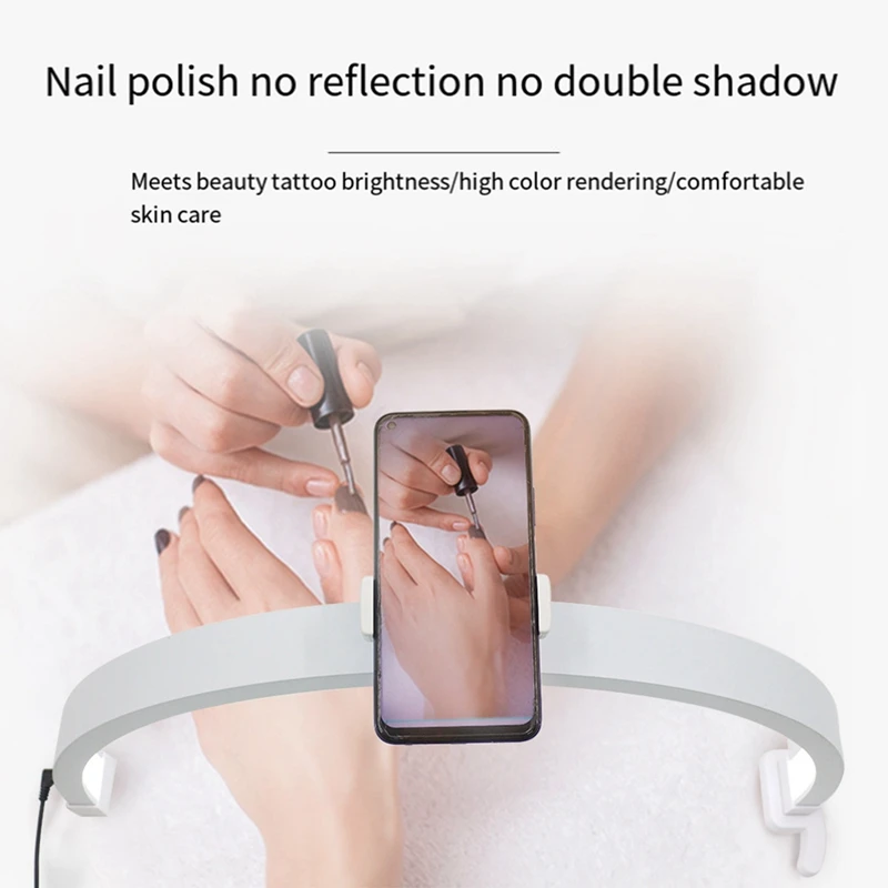 22-дюймовая настольная лампа для ногтей в форме полумесяца, 20 Вт, сенсорное управление, складная лампа для маникюра в форме полумесяца с зажимом для телефона, белая вилка европейского стандарта
