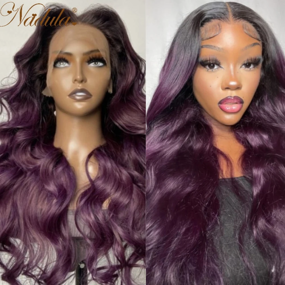 Nadula Hair 13X4 Lace Front Wig Smokey Deep Purple Omber With Black Roots Body Wave 100% Human Hair Wigs 150% Density For Women