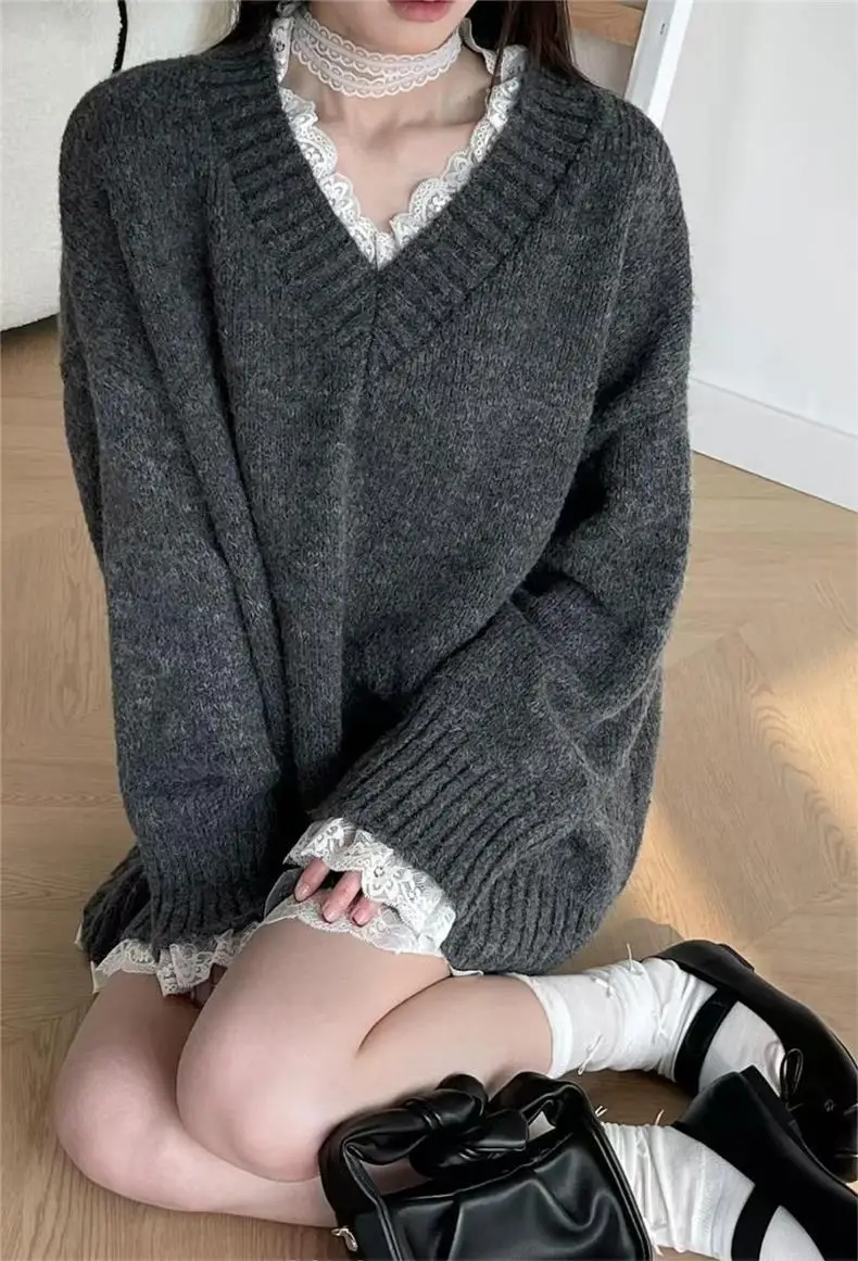 Femmes tricot pull nouveau lâche col en v pulls dentelle Patchwork femme pulls mi-long femme hauts automne hiver