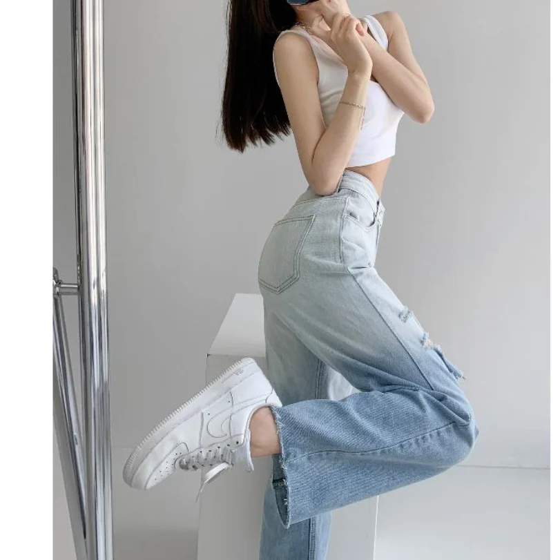 European and American Style Gradient Jeans Women's High Waist Straight Leg Wide Leg Pants Summer Loose Retro Perforated Pants
