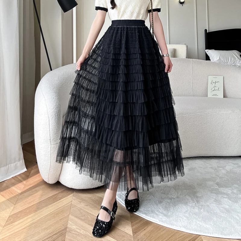 Imagem -04 - Meninas Kawaii Médio-longo Elegante Patchwork Malha Bolo Saias Mulheres Moda Casual Preto Saia Longa Feminina Senhora Outerwear Roupas