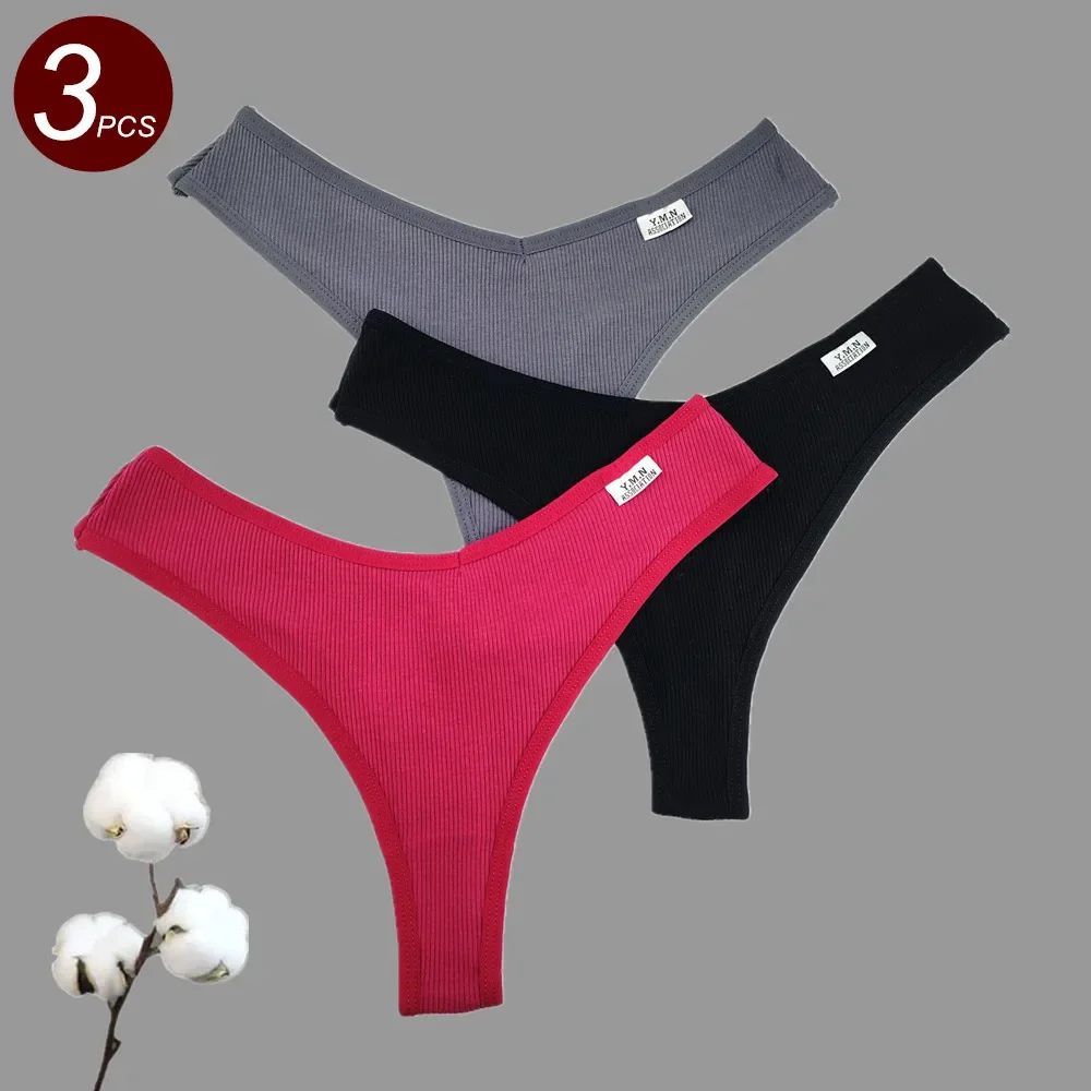 

3 Pcs Seamless Ladies Ribbed Cotton Thong Simple Women's Low Waist Seamless V-String Girls Daily Underwear Plus Size