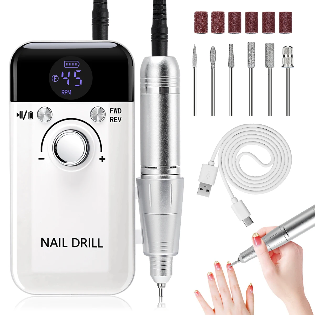 

45000RPM Electric Nail Drill Machine Professional Nail Drills for Gel Nails Polish Rechargeable Portable Nail File Manicure Tool