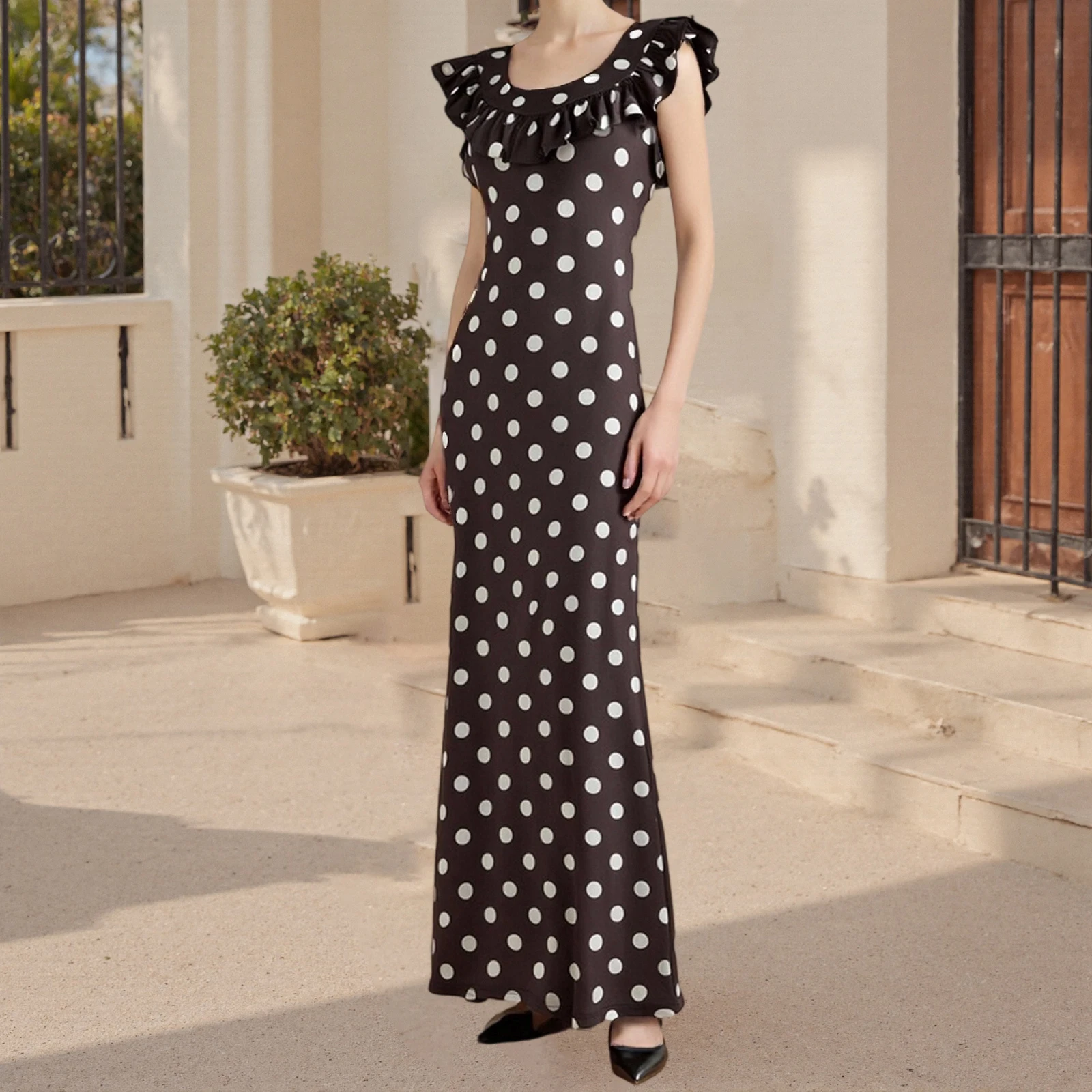 Nova moda feminina sem mangas vestido longo pontos impressão babados em torno do pescoço elegante casual fino ajuste vestido para festa s m l