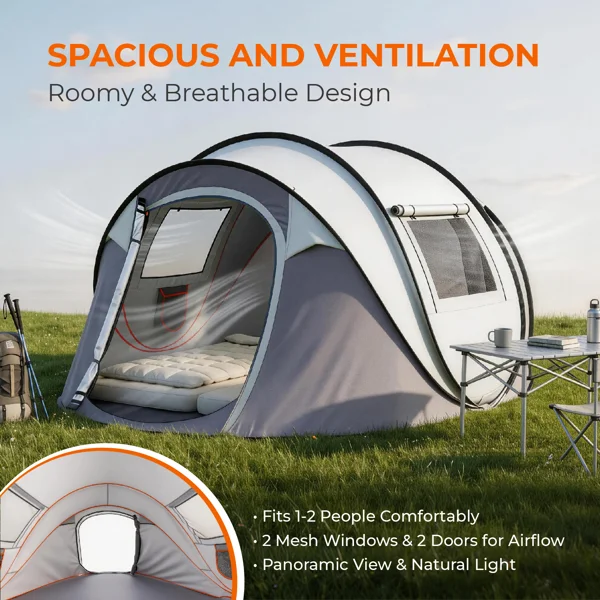 

4 Person Quick Flip Automatic Pop Up Camping Tent, Waterproof Windproof Instant Family Tent with Front Sun Awning, Portable Light Gray Outdoor Shelter for Beach Hiking Backyard Picnic Travel