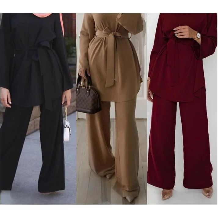 

New Simple round Ne Top Wide Leg Pants Lace up Set Women's Faion Summer Outfit Long Sve Long Pants Ele Ensemble