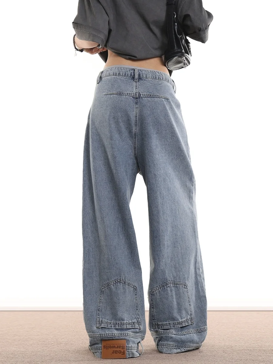 Calça jeans de perna larga americana sle, design baward, solta, reta, feminina, casual, cintura alta, calças compridas