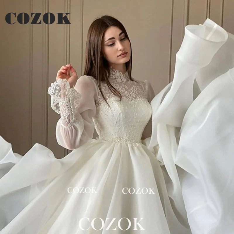 Modesto organza uma linha apliques vestido de casamento do laço puff mangas compridas alta pescoço vestidos de noiva robe de mariage personalizado tg001