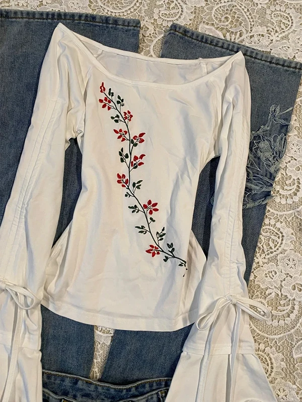 オリジナルホワイトラウンドネックドローストリングタイ長袖 Tシャツ女性のヴィンテージカジュアルファッショントップコットンブレンド夏服