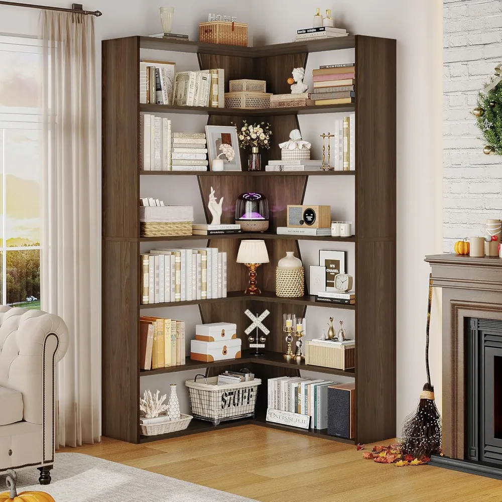 "6-Tier Modern Corner Bookshelf with Open Display Storage for Libraries and Home Offices"
