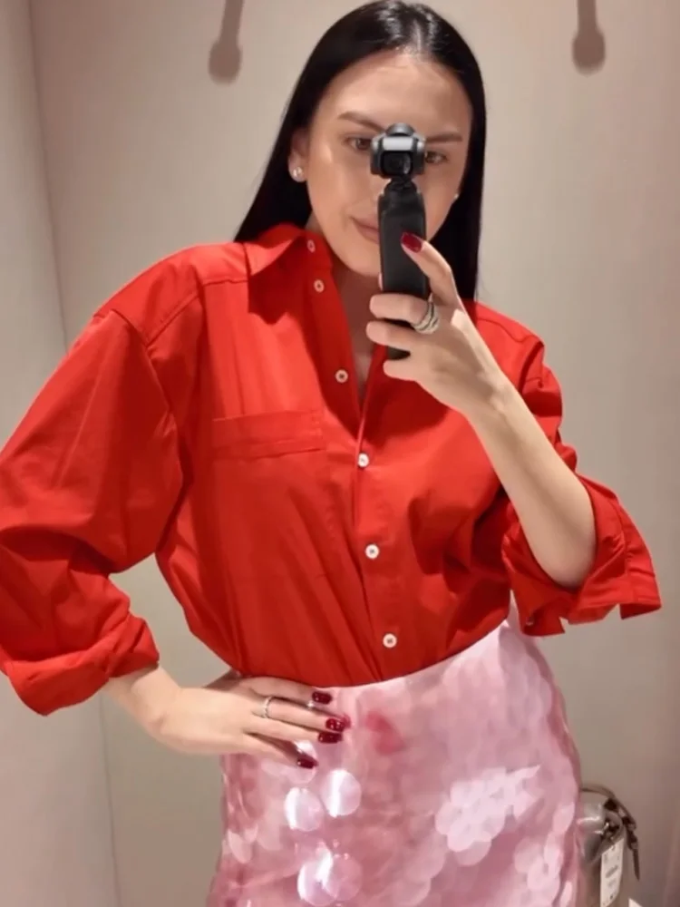 

Женская весенняя модная простая универсальная свободная рубашка из поплина в стиле High Street с карманами, на одной пуговице, с длинным рукавом