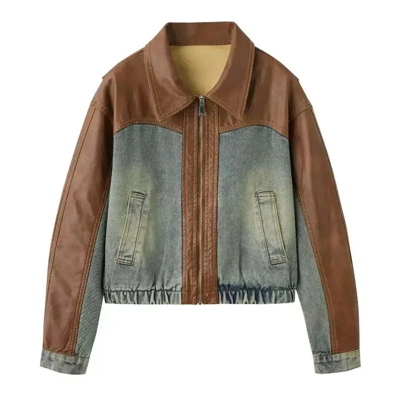 2026 Spring Women New Hong Kong Style Spliced Denim Jacket Design Sense Niche Jacket Top Small And Short Style Popular This Year