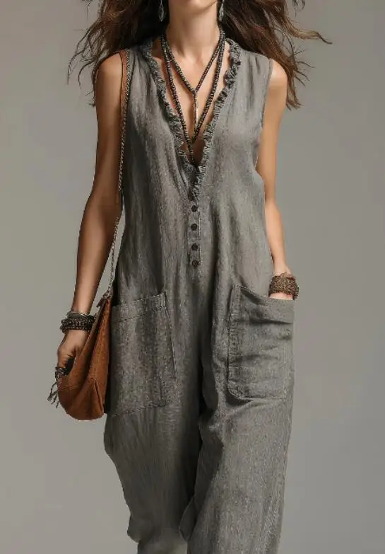 

Женский комбинезон 2026 Весна-Лето, новый, однотонный, с карманами, V-образный вырез, без рукавов, уличный стиль, повседневный, свободный крой