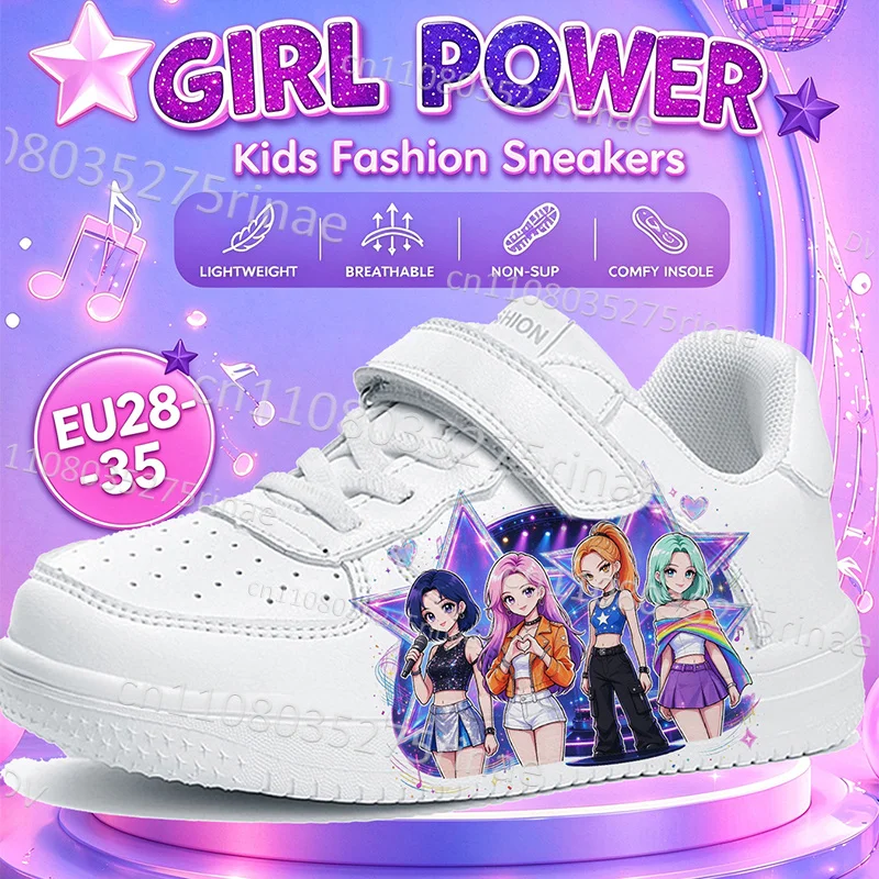 2027 Pop‑Style Cartoon Girl Group Print Fashion Kids Girls White Sneakers Breathable Soft Comfortable Outdoor Footwear
