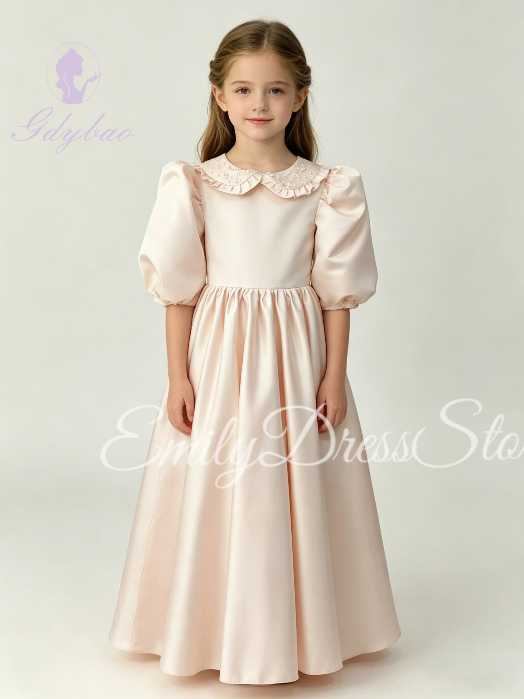 Customized Blue Bridesmaid High Waist Flower Girl Dress For Wedding With Doll Collar Puffy Kids Birthday First Communion Gowns