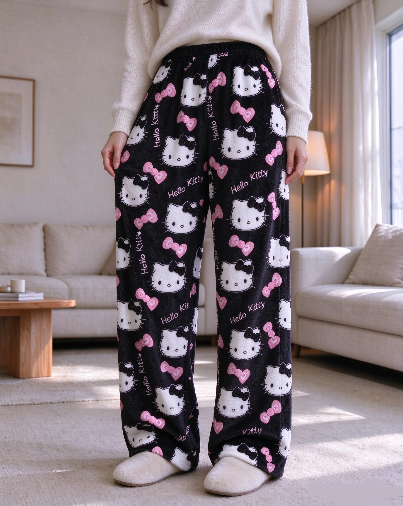 2026 Hot New Original Women's Flannel Lounge Pants Black Cute Hello Kitty Print Stylish Casual Everyday Wear for Girls