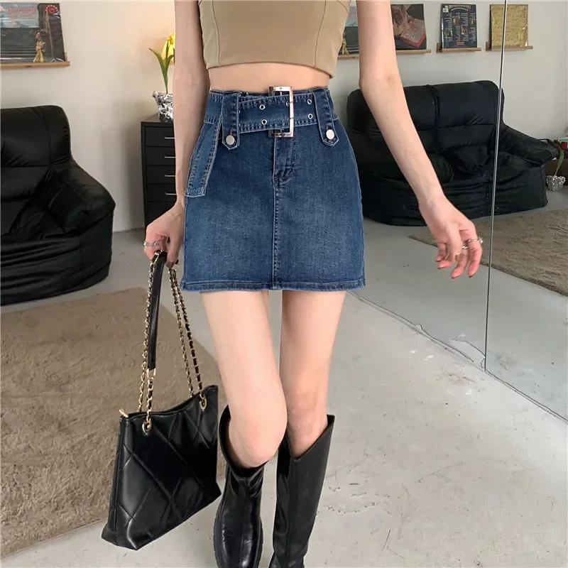 Miiix americano estilo retro cintura alta denim saia feminina 2024 outono faixa design fino a linha denim saia curta roupas femininas