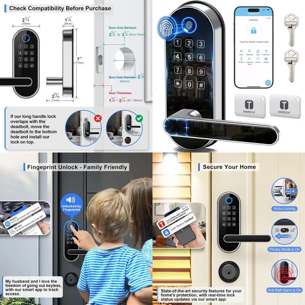 

Bluetooth-замок с отпечатком пальца, ручкой и клавиатурой — простая установка своими руками, бесключевой доступ, автоматическая блокировка, идеально подходит для домов, арендного жилья и небольших помещений.