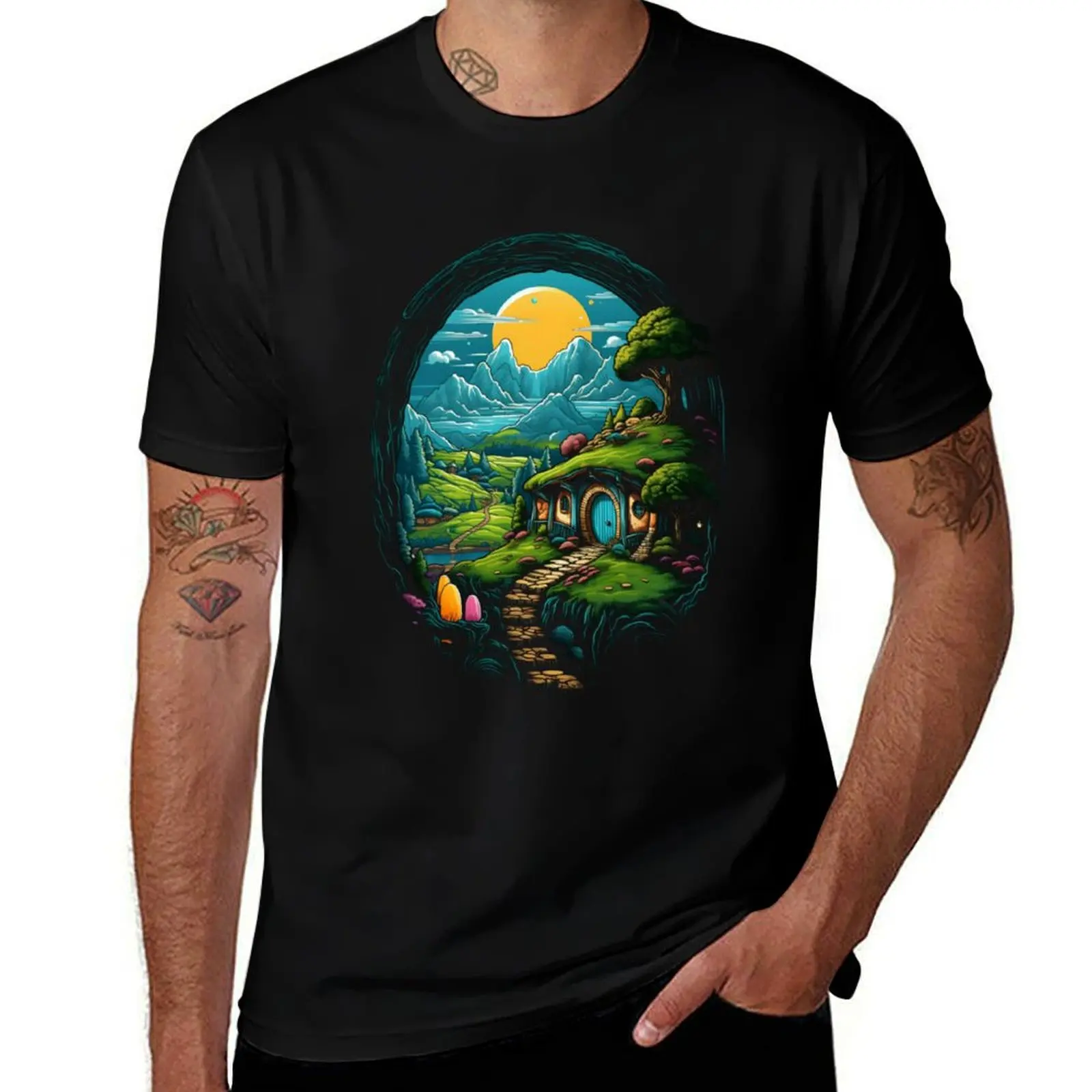 Halfling Home - Cartoon Style - Fantasy T-Shirt vintage graphic tee graphic t shirt vintage slim fit t shirts for men