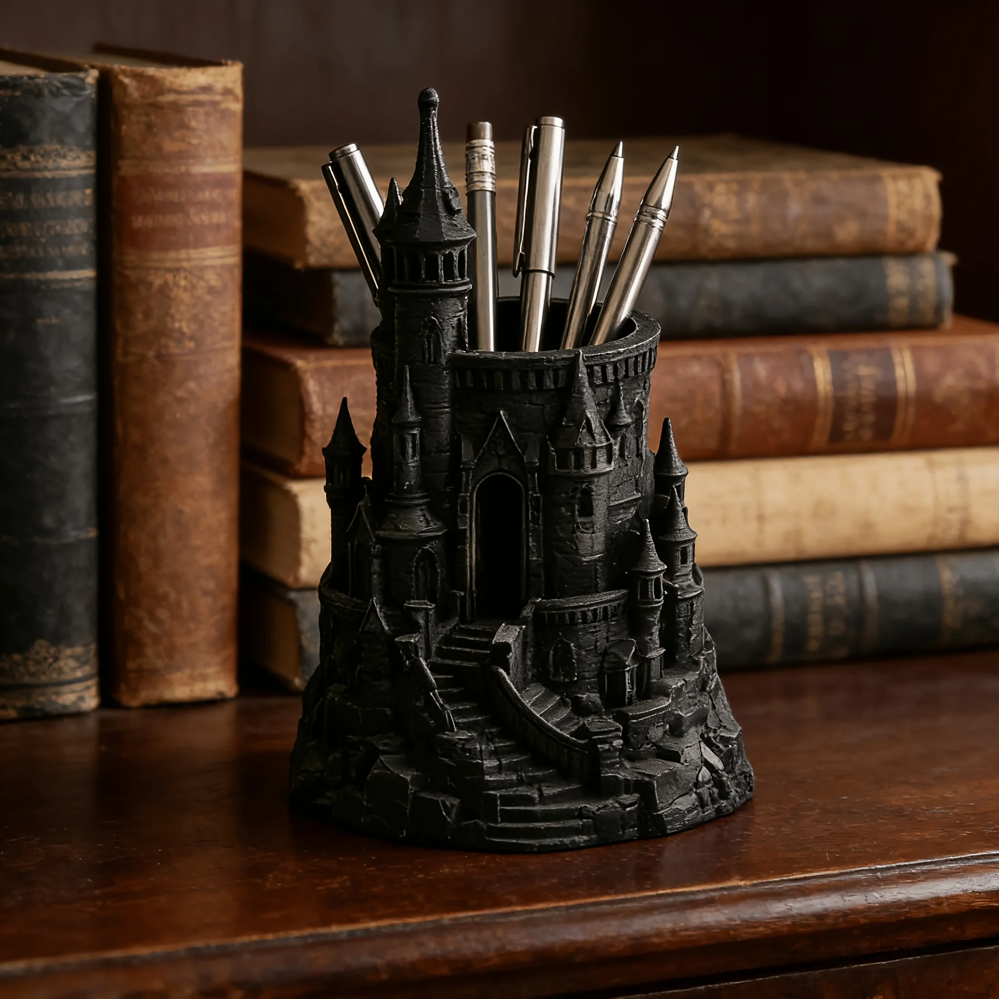 1/2 Piece Set of Dark Castle-Shaped Pen Holder Decorations, Castle Pen Holder, Micro Landscape Castle Architectural Pen Holder Decoration, Home Desktop Office Decoration, Holiday Gift Item