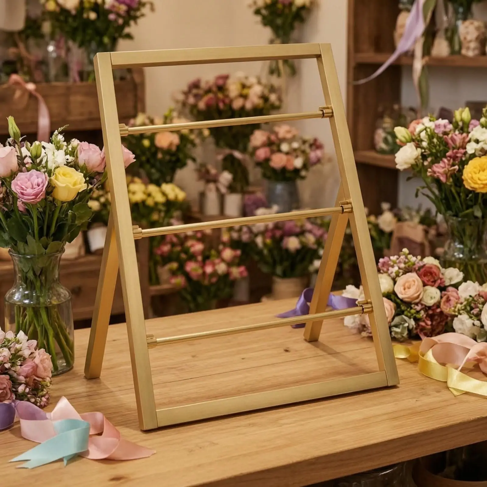 Ribbon Roll Storage Stand for Florist Shop Craft Room Organizer Metal Freestanding Rack with Polished Finish