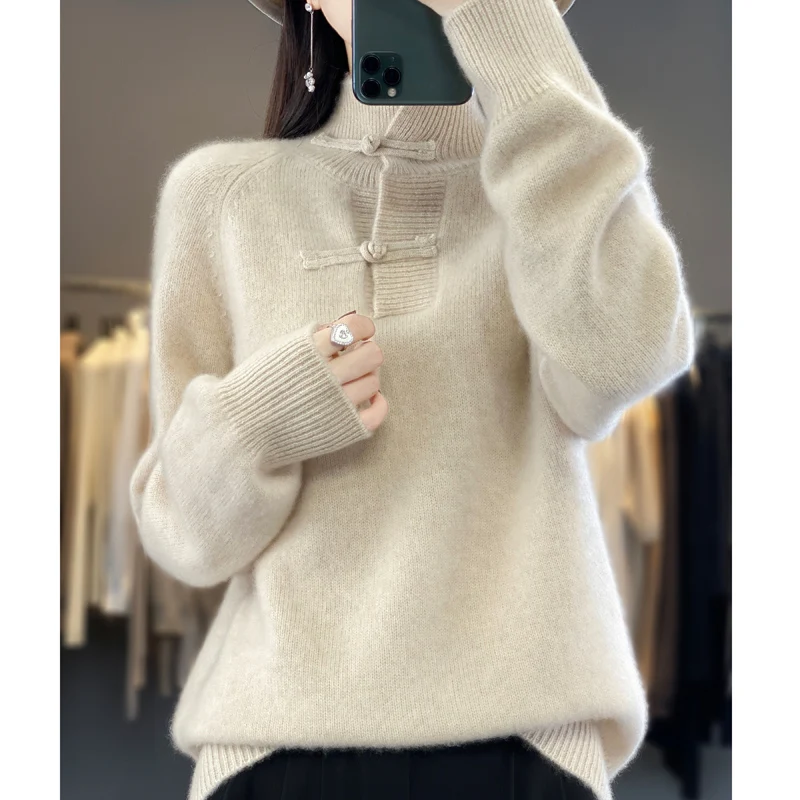 Women 100% Merino Wool Knitted Basic Sweater Half-high Collar Pullover Autumn Winter Chinese Style Buckle Thickening Soft Top