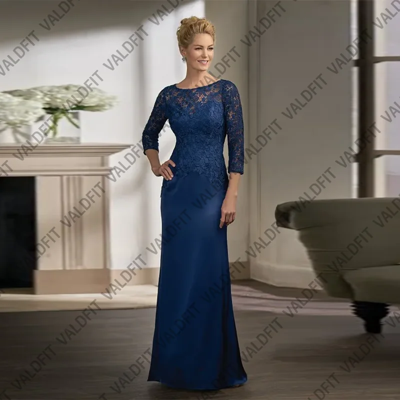 

Customized Long Mermaid Blue Satin Mother of the Bride Dresses with Sleeves Weddings Party Dress Vestido Invitada Boda