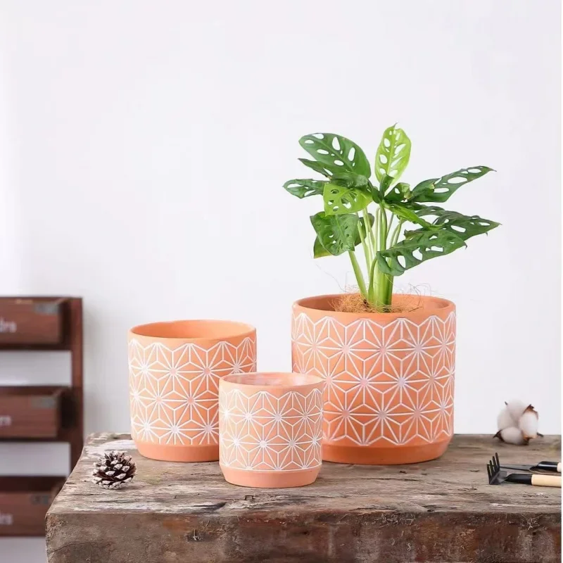 Vintage Embossed Red Terracotta Flower Pot Unglazed Breathable Water Absorbent with Saucer Indoor Succulents Green Plants Plante