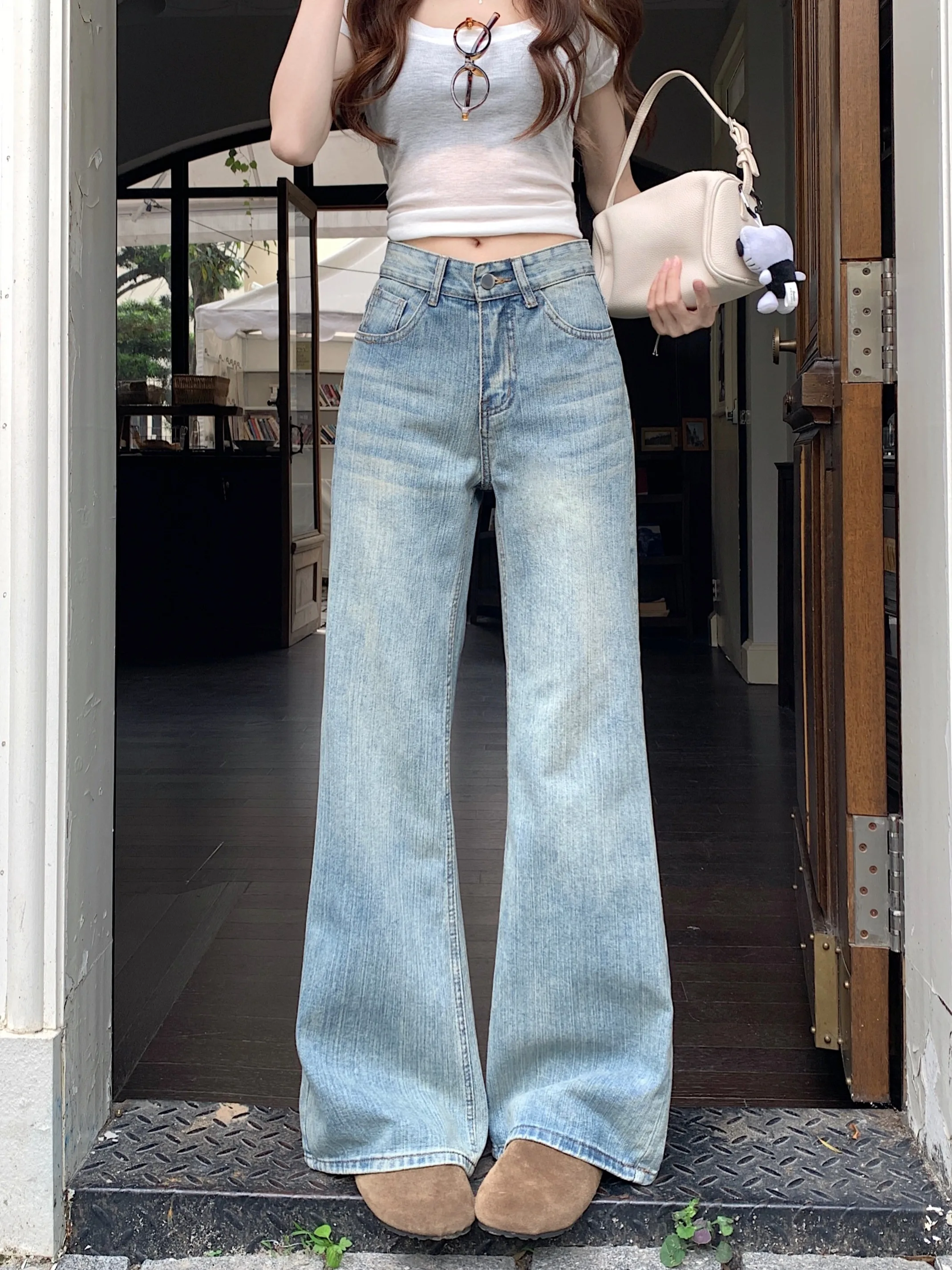 

Retro American Washed Blue Jeans Women's High Waist Slimming Micro Flared Pants Summer Long Trousers Girls Loose Fit Jeans