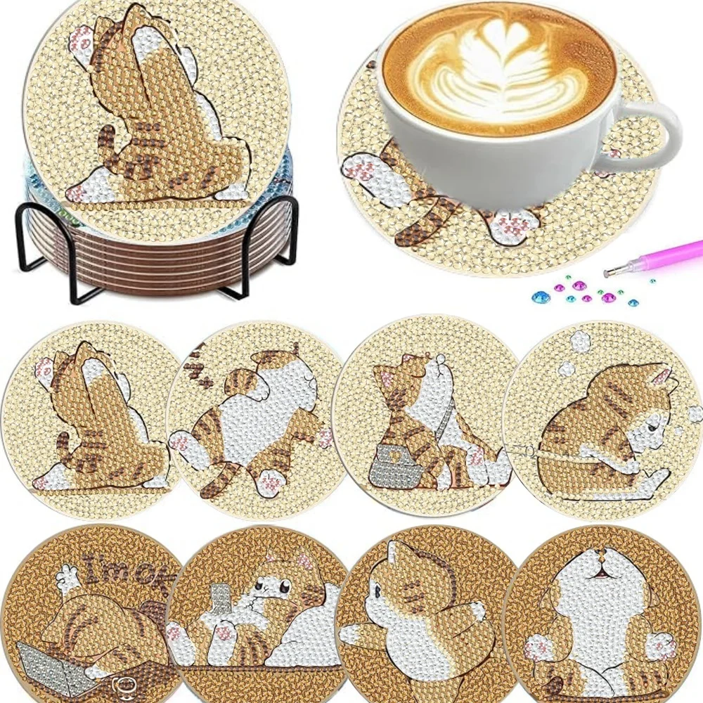 8 Pieces/Set of Diamond Painted Coasters Set with Animal and Cat Patterns (With Holder) - DIY Diamond Art Craft Kit for Home Dec