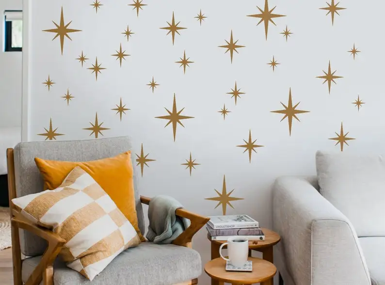 Starburst Wall Decals - Retro Wall Decal - Set of 35 Stars - Home Decor - Retro Starburst Wall Decal - Star Pattern Wall Decal