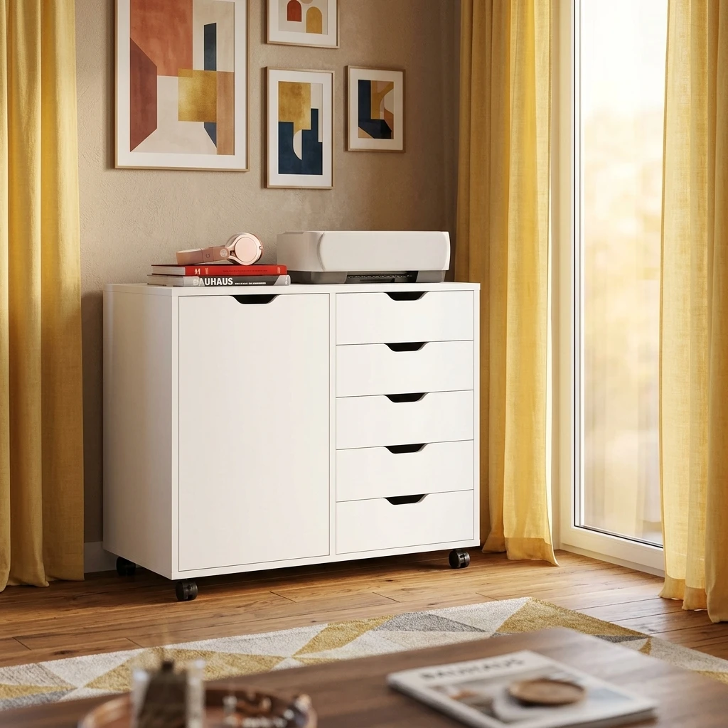 ^Solid Wood Modern Living Room Chest of Drawers with 5 Shelves and 3 Compartments Movable Home Storage Cabinet