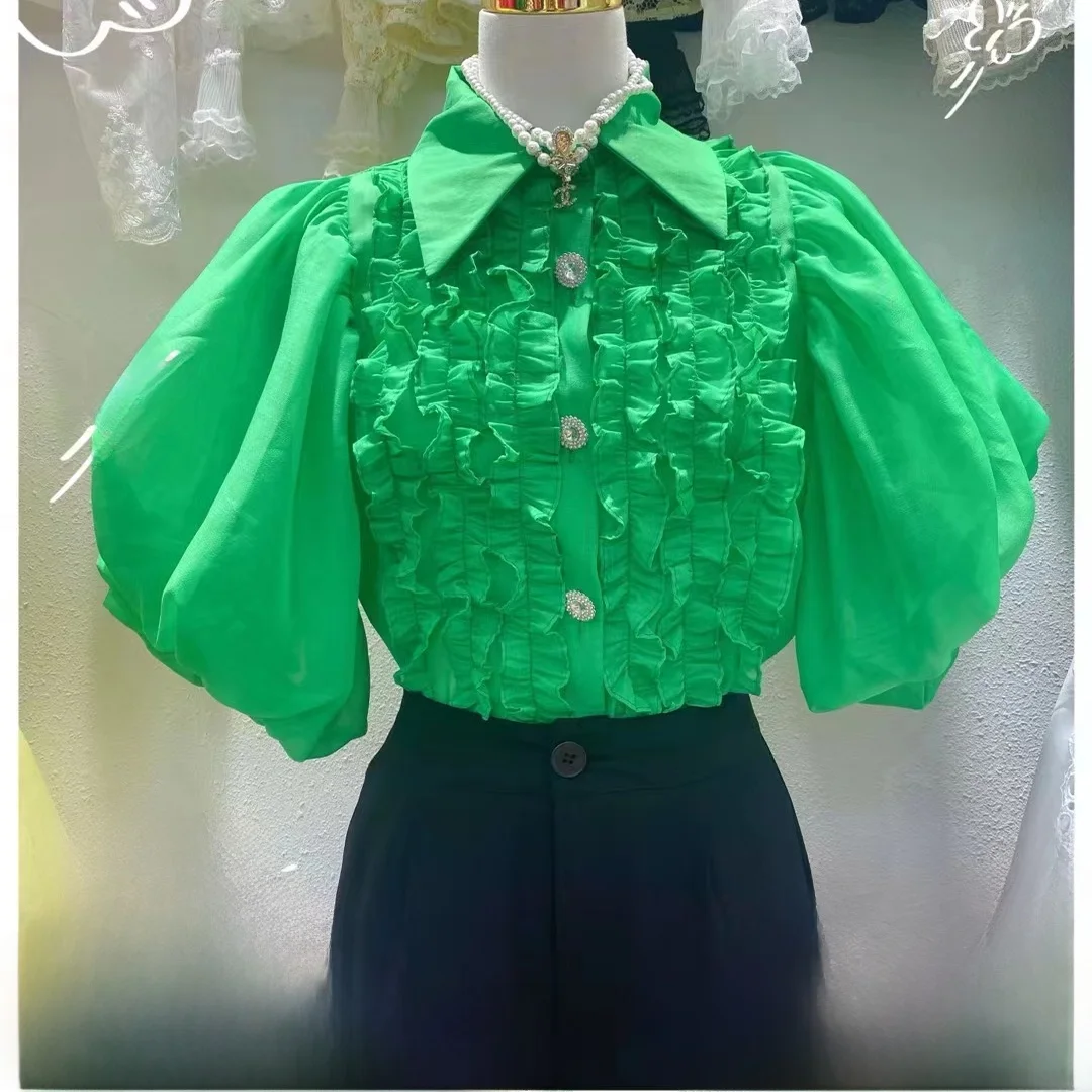 Nouveau talon Du strass bouton doux 3D en bois oreille épissage plissé conception lâche femmes irt bulle Sve col