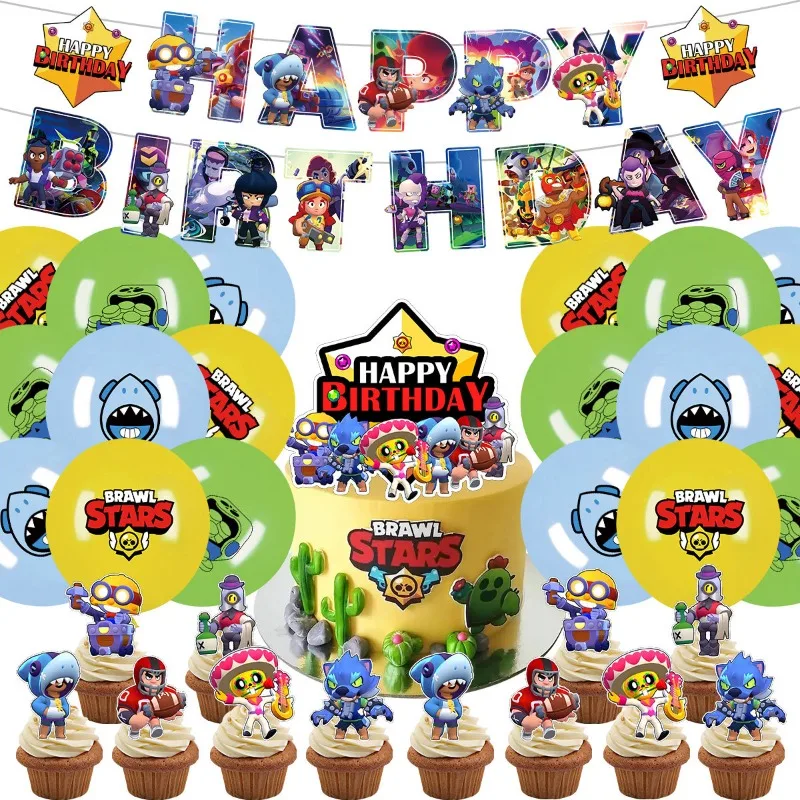 Brawl Game Peripheral Stars Cake Flag Latex Balloon Flag Party Suit Children'S Birthday Graduation Party Decorations