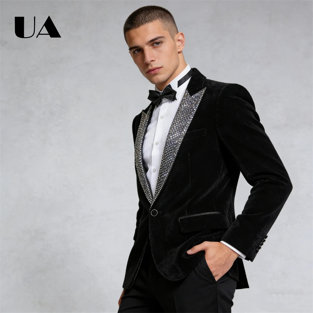 

ULBYANRY Velvet 2-Piece Suit Set for Men with Crystals Peak Lapel, Jacket Pants Set One Button Blazer Trousers Prom Suit Attire