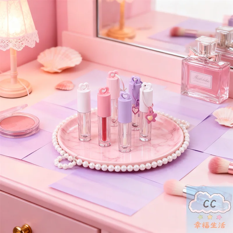 YY Heart-Shaped Lip Gloss Tube 2.5ml, Pink Empty Bottle with Keychain & Brush, Portable Lip Enamel Container for DIY Makeup Tool